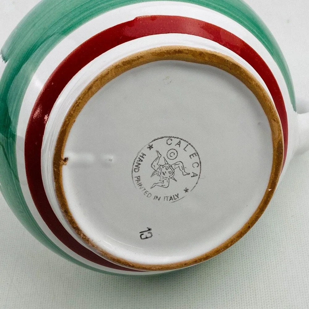Caleca Teapot Red Berries Trim Green Leaves Band Stripe White Hand Painted Italy